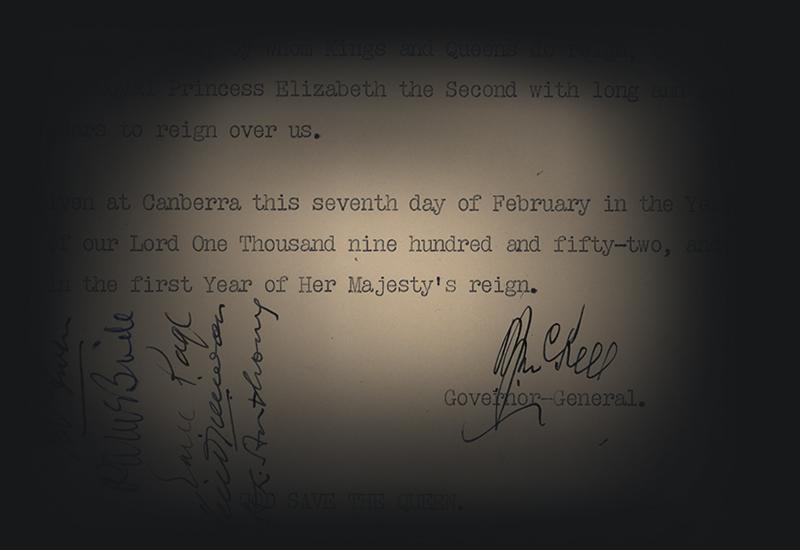 Proclamation of the accession of Queen Elizabeth II signed by the Governor General.