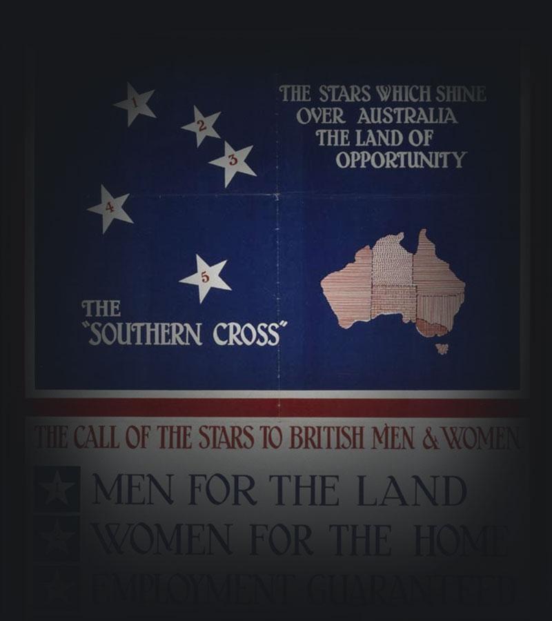 Poster with a map of Australia and a Southern Cross. 'The Stars which shine over Australia. The land of opportunity.'