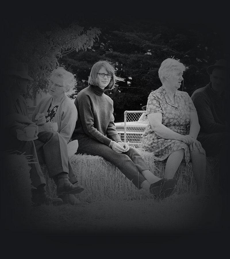 3 men and 3 women sitting on haybales