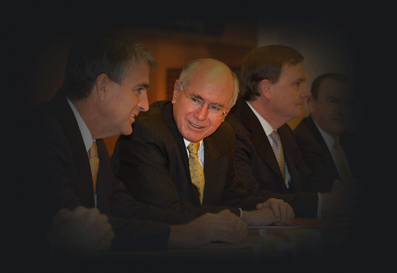 Prime Minister John Howard with senior members of the Cabinet during the visit of Thai Prime Minister Thaksin Shinawatra, ahead of the signing of the Thailand–Australia Free Trade Agreement (TAFTA), Canberra, July 2004. NAA: A14482, 040369DI-049. AUSPIC photographers: Peter West and Howard Moffatt © Commonwealth of Australia, 2004