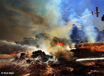 A single-engined aircraft water bombing a fire in a paddock. Photographer: Nick Moi