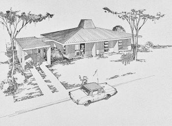 Ink drawn perspective of house with louvred windows and attached carport.