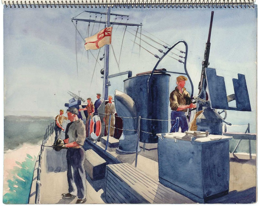 Pencil drawing and water colour: Sailor fishing from a ship.