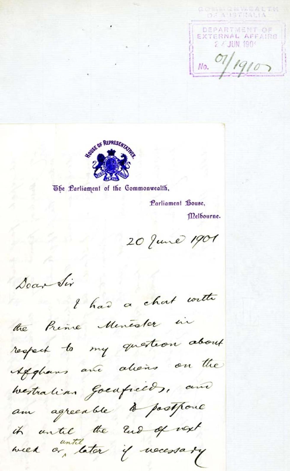 Letter to Atlee Hunt, Secretary of the Department of External Affairs