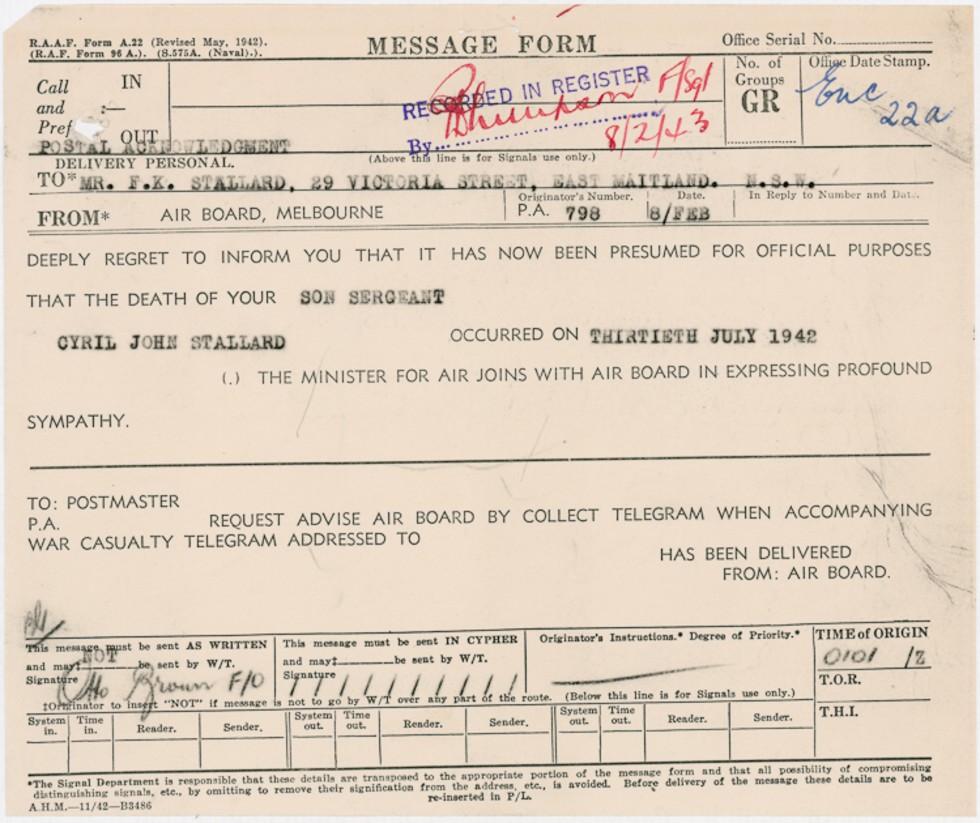 Telegram Informing Parents Of The Death Of Their Airman Son, World War ...