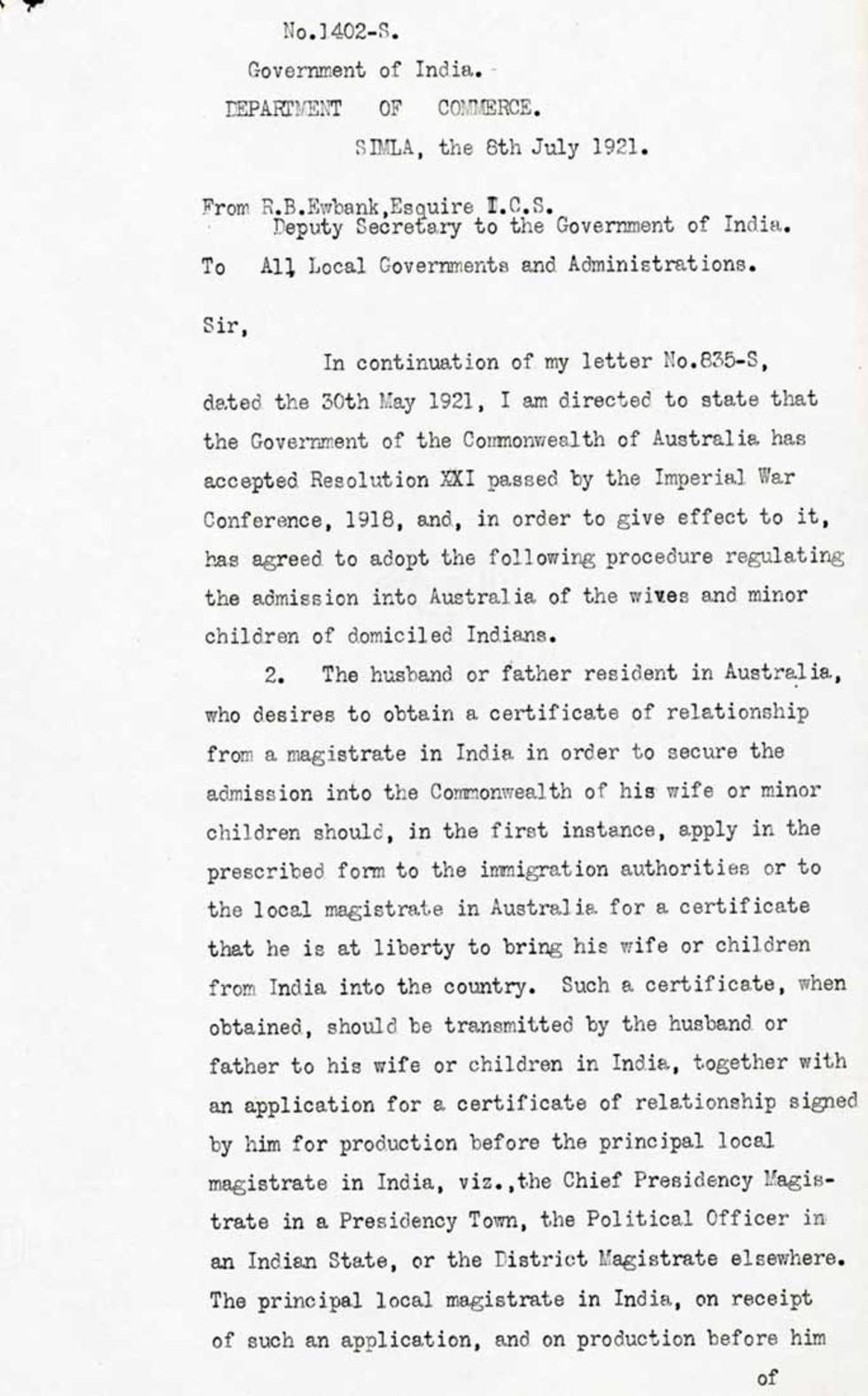 Admission in to Australia of the wives and minor children of domiciled Indians