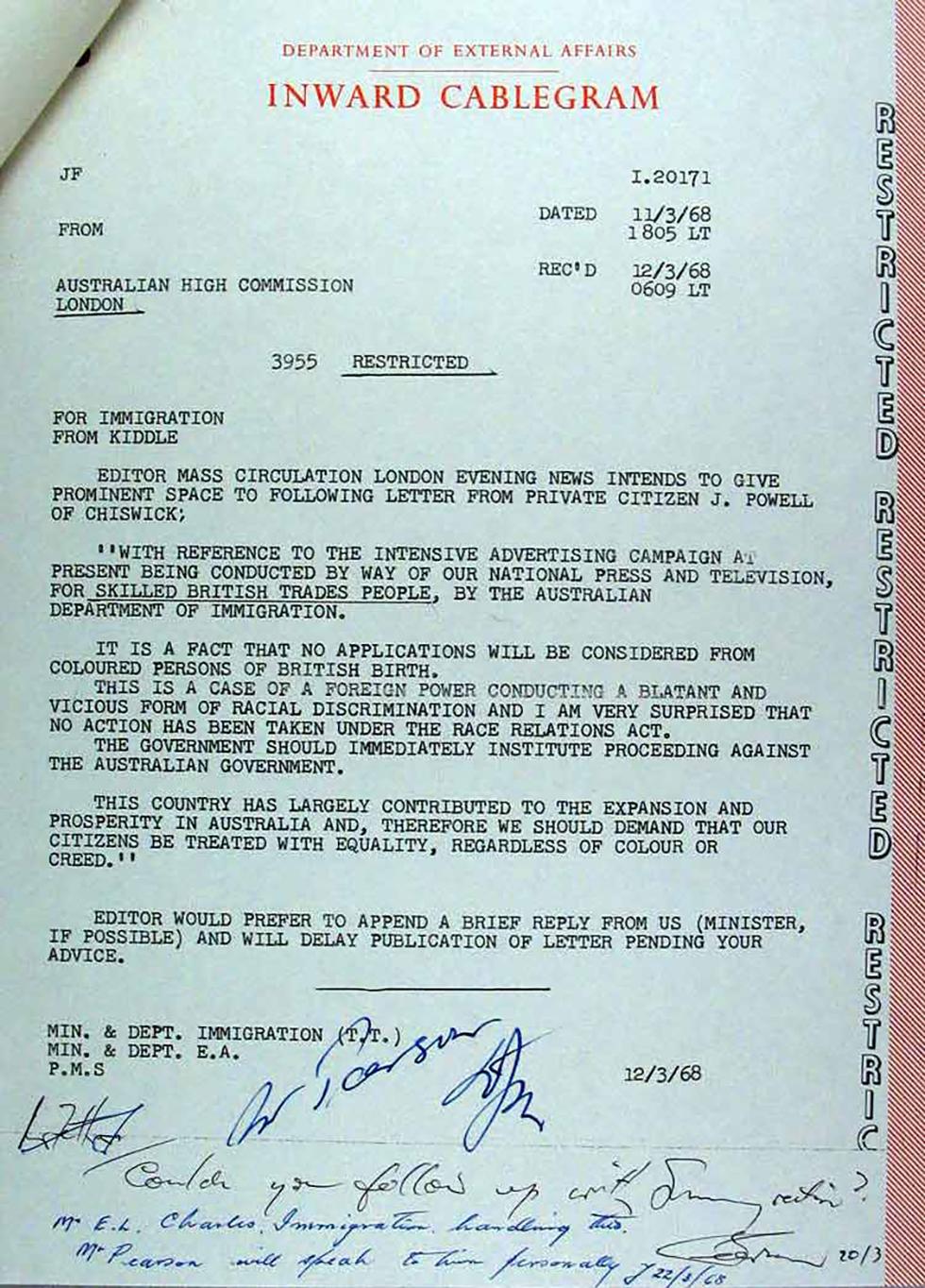 Cablegram to the Department of Immigration relating to racial discrimination and immigration.