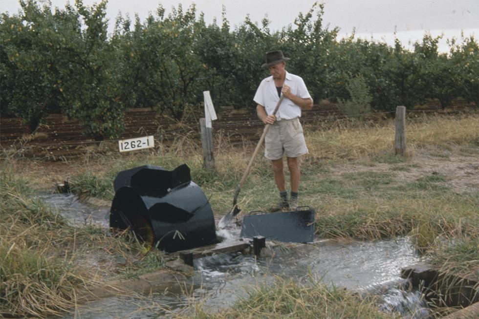 Dethridge irrigation wheel being used to measure water flow.