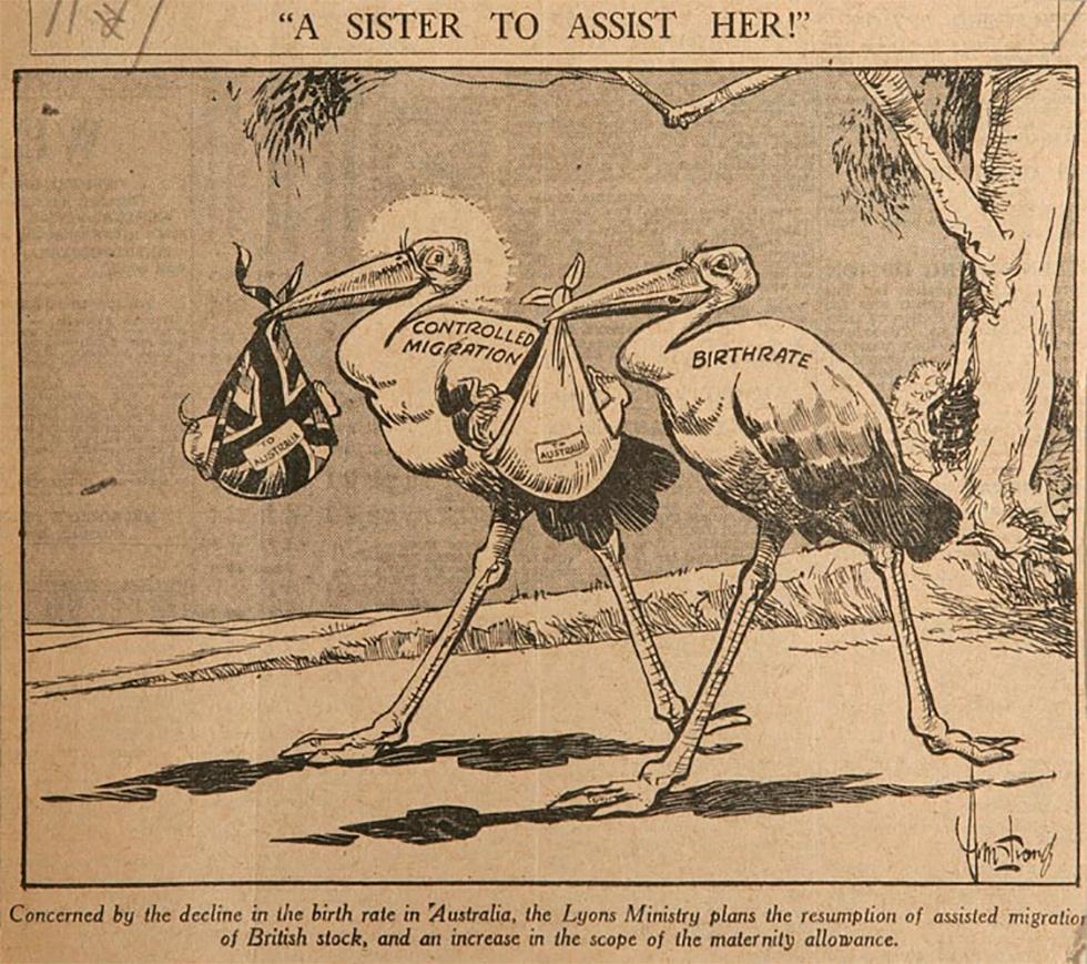 Newspaper cartoon promoting assisted migration.