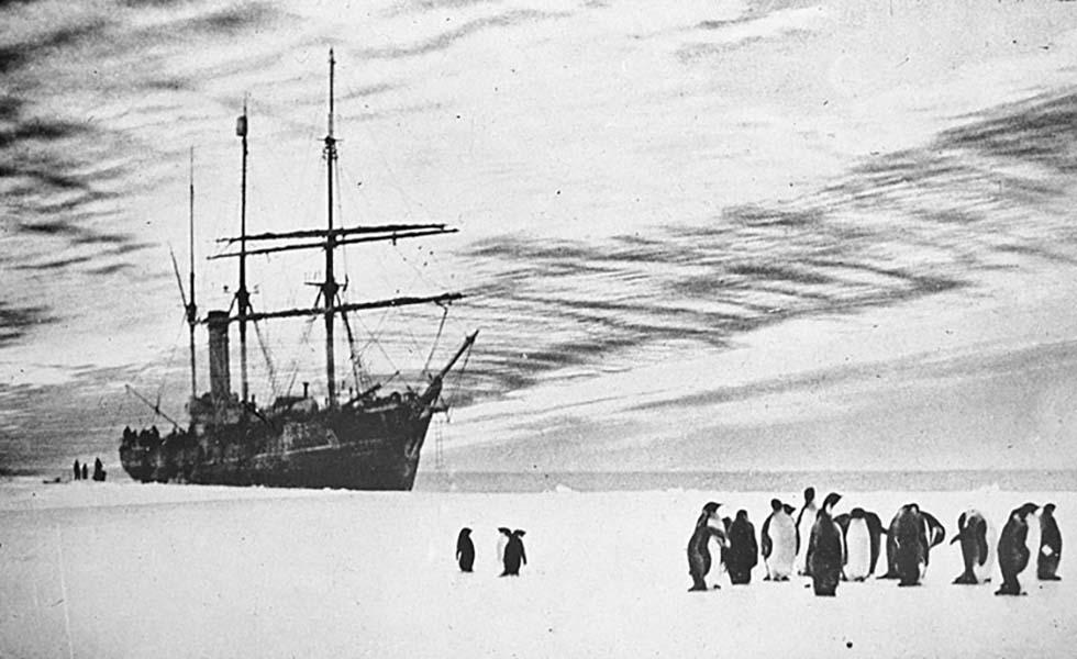 SY Aurora on the edge of the Shackleton ice shelf, Antarctica.