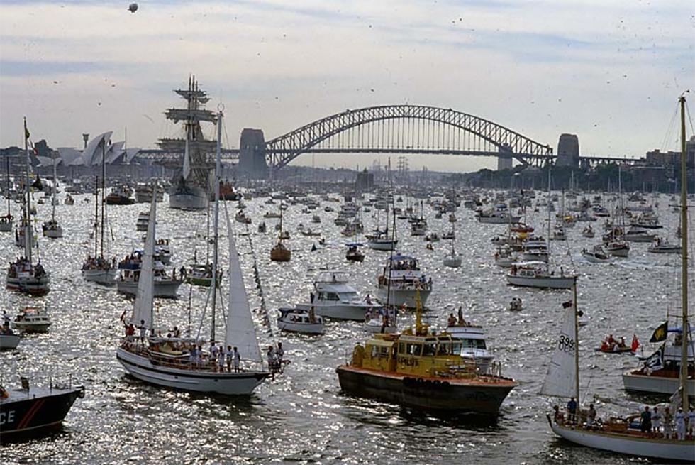 Tall ships in Sydney Harbour during Australian Bicentenary celebrations.