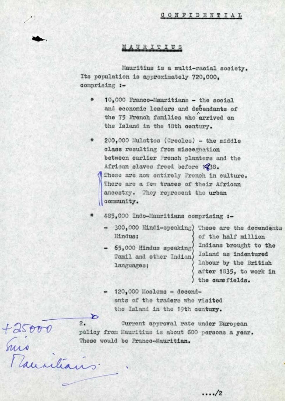 Typed letter annotated with blue ink about Mauritian migration rates.