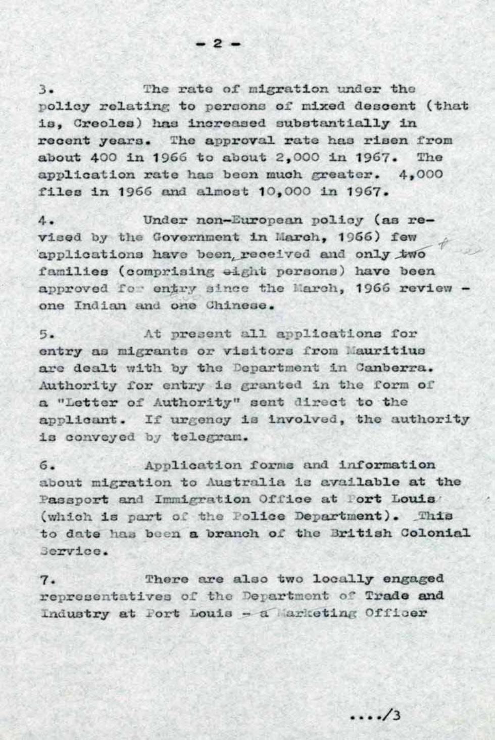 Page 2 of a typed letter annotated with blue ink about Mauritian migration rates.