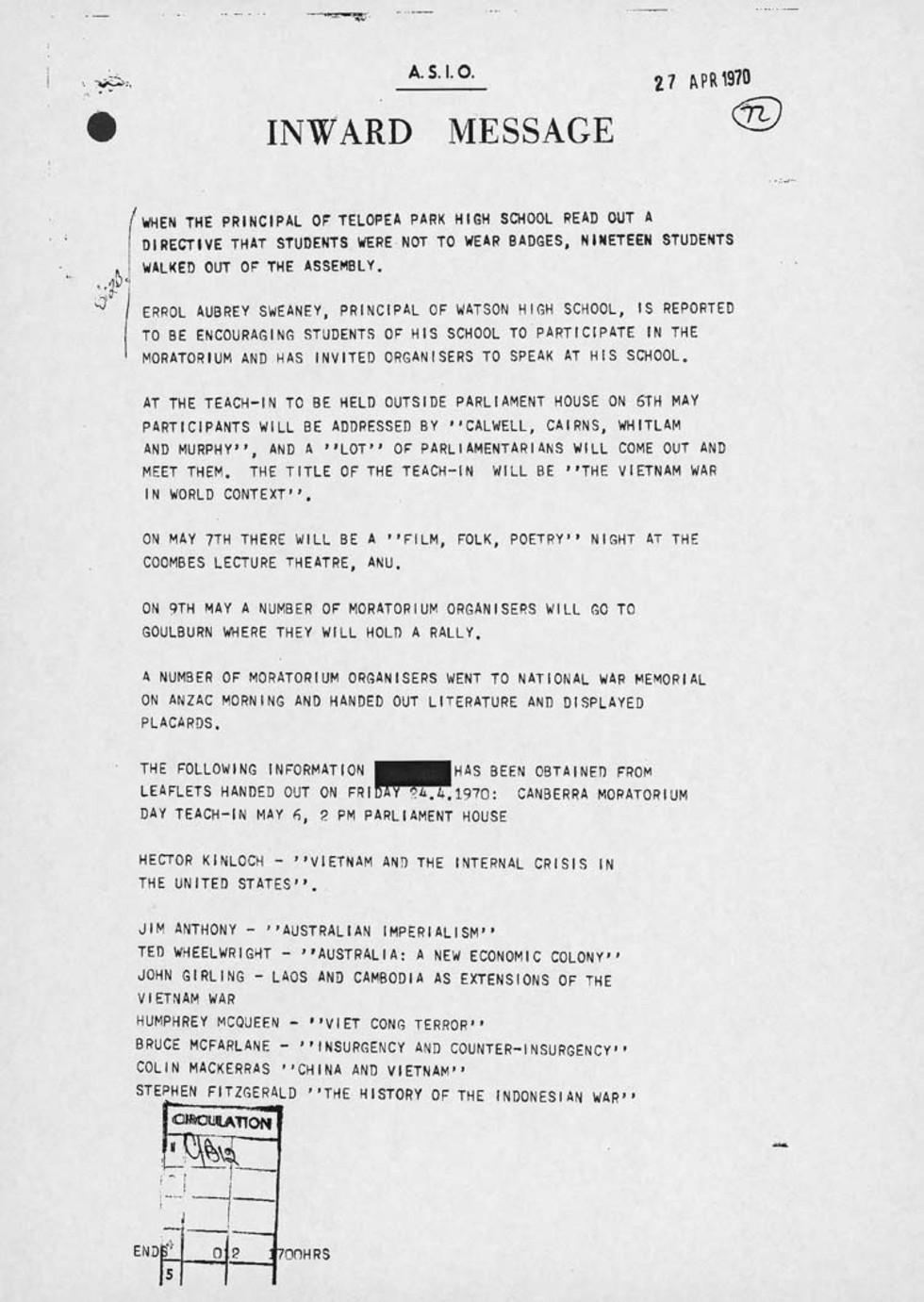 ASIO message on Vietnam War ‘teach-in’