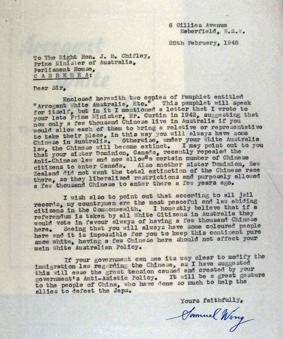 Letter to Prime Minister JB 'Ben' Chifley