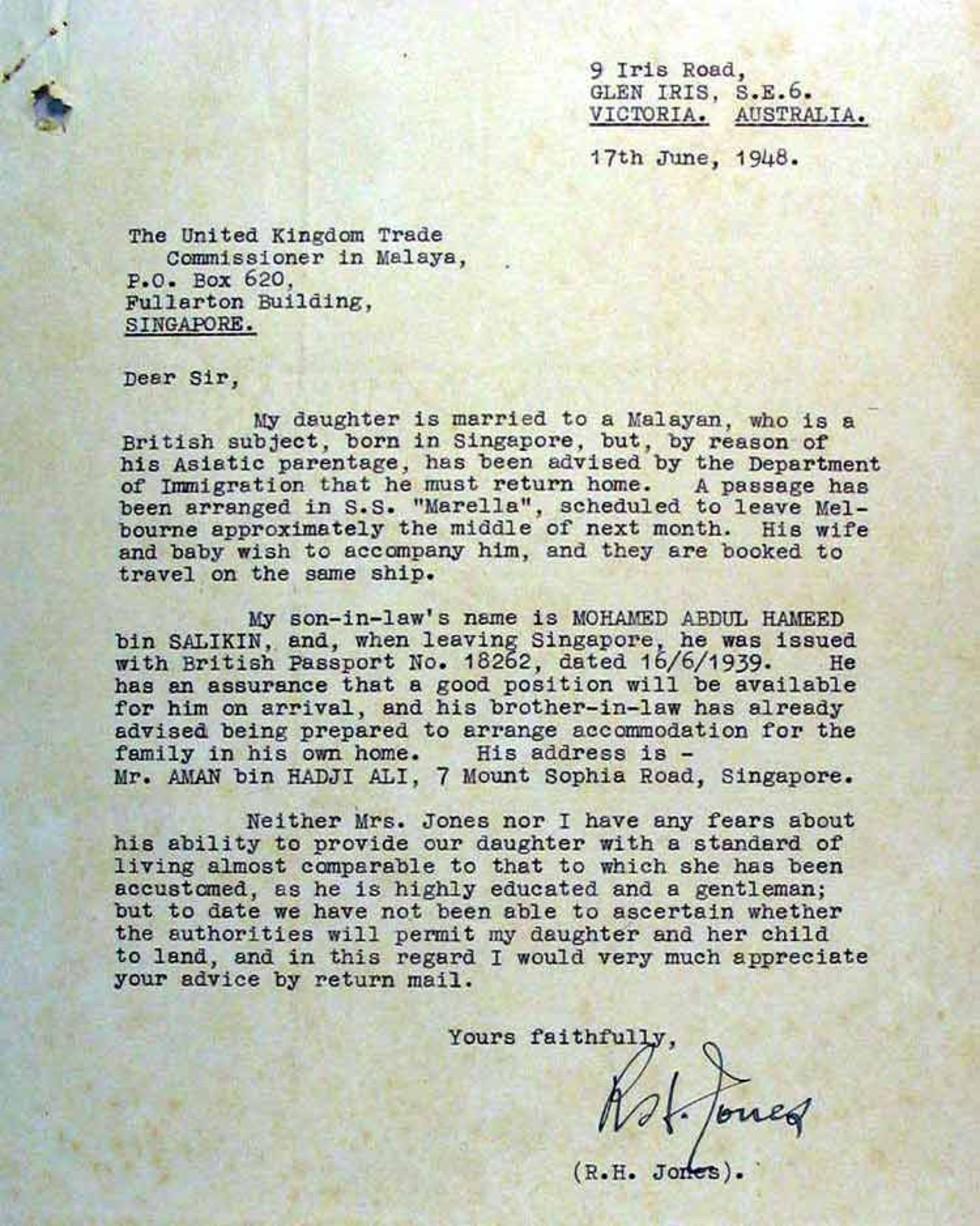 Letter to the United Kingdom Trade Commissioner in Malaya