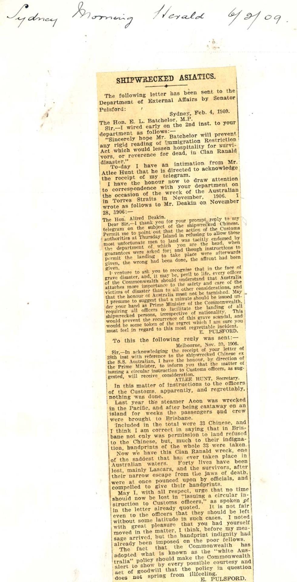 Newspaper article – published correspondence of Senator Pulsford