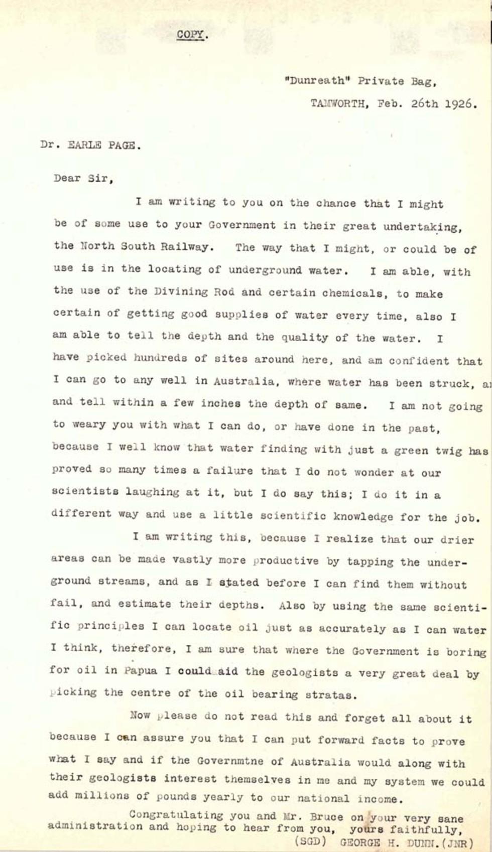 Letter to Earle Page