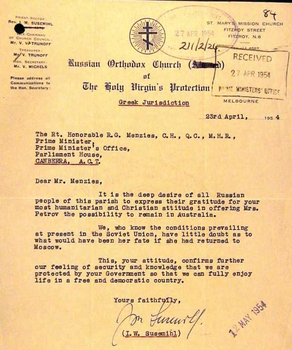 Letter to Prime Minister Robert Menzies.