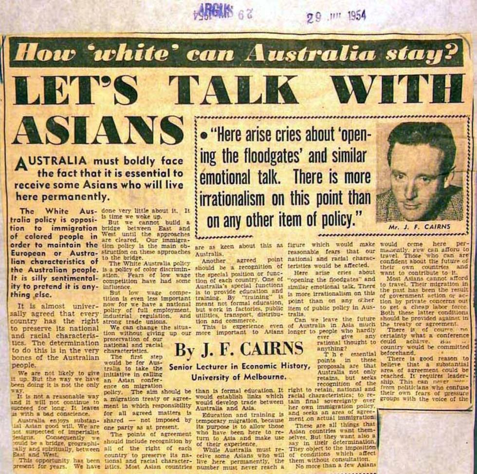 Newspaper article regarding Asian migration and the White Australia policy.