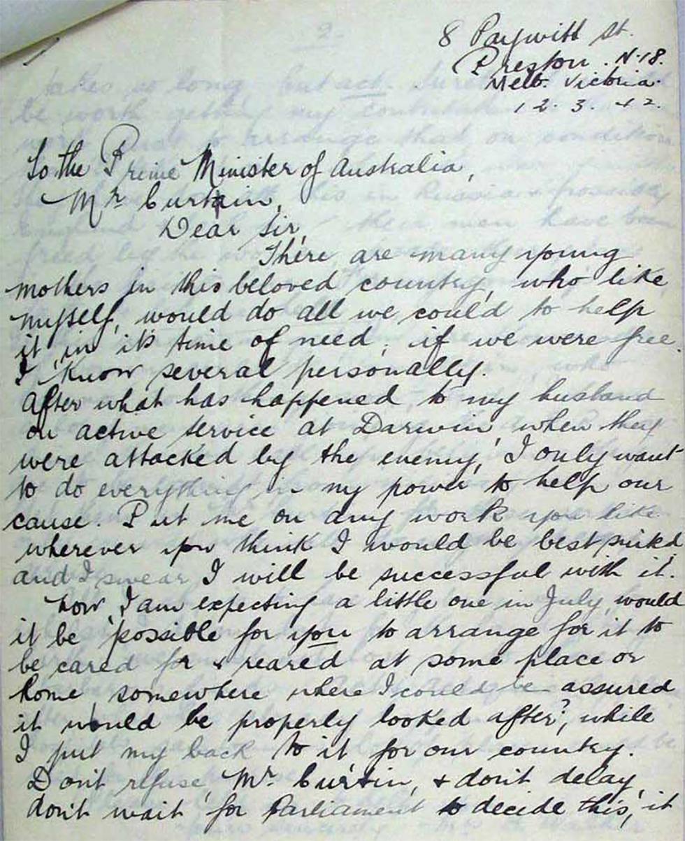 Offer from Australian women to help war effort – letter to Prime Minister John Curtin - page 1.