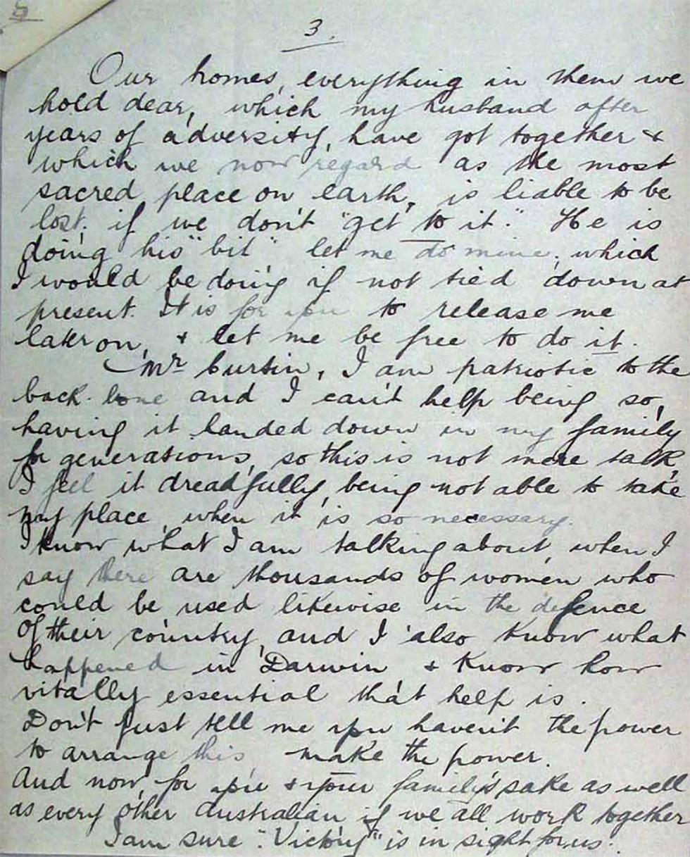 Offer from Australian women to help war effort – letter to Prime Minister John Curtin - page 3.