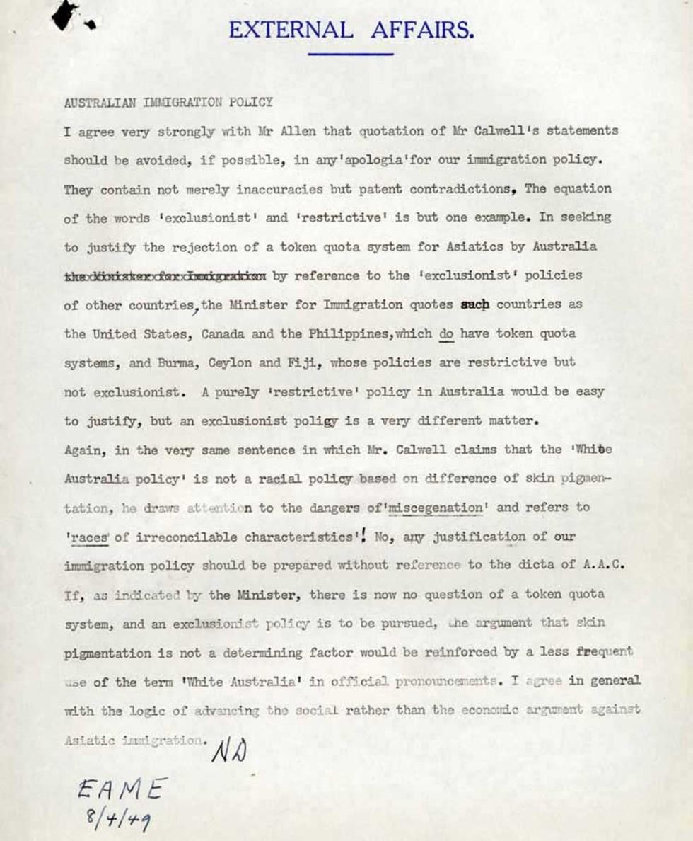 Memorandum by Arthur Calwell regarding Australian immigration policy.