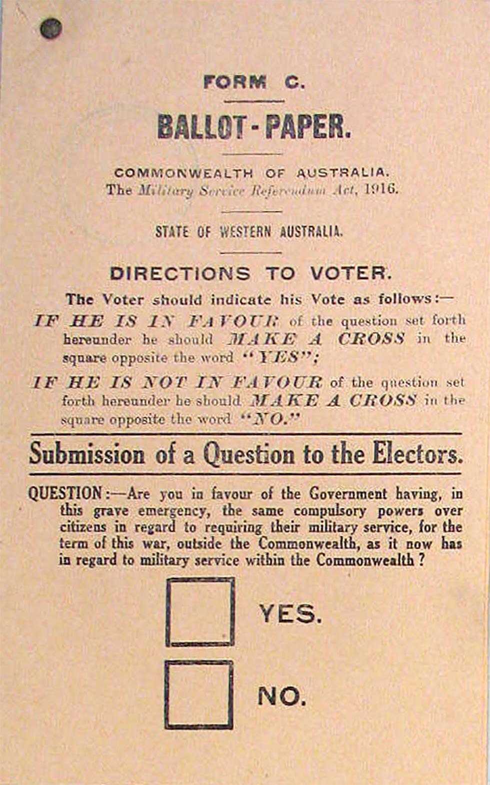 A ballot paper from a plebiscite regarding conscription for military service outside of Australia.