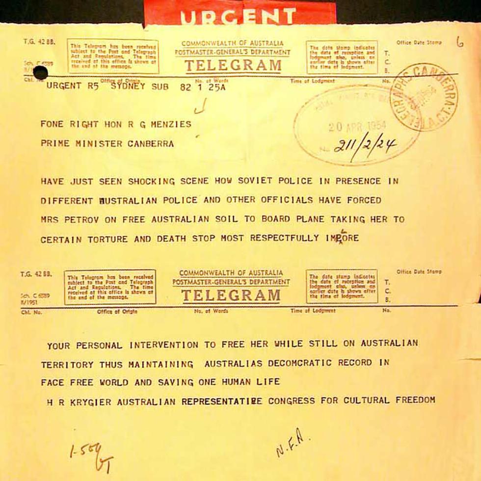 Transport of Mrs Petrov to 'certain torture and death' –  urgent telegram to Prime Minister Robert Menzies.