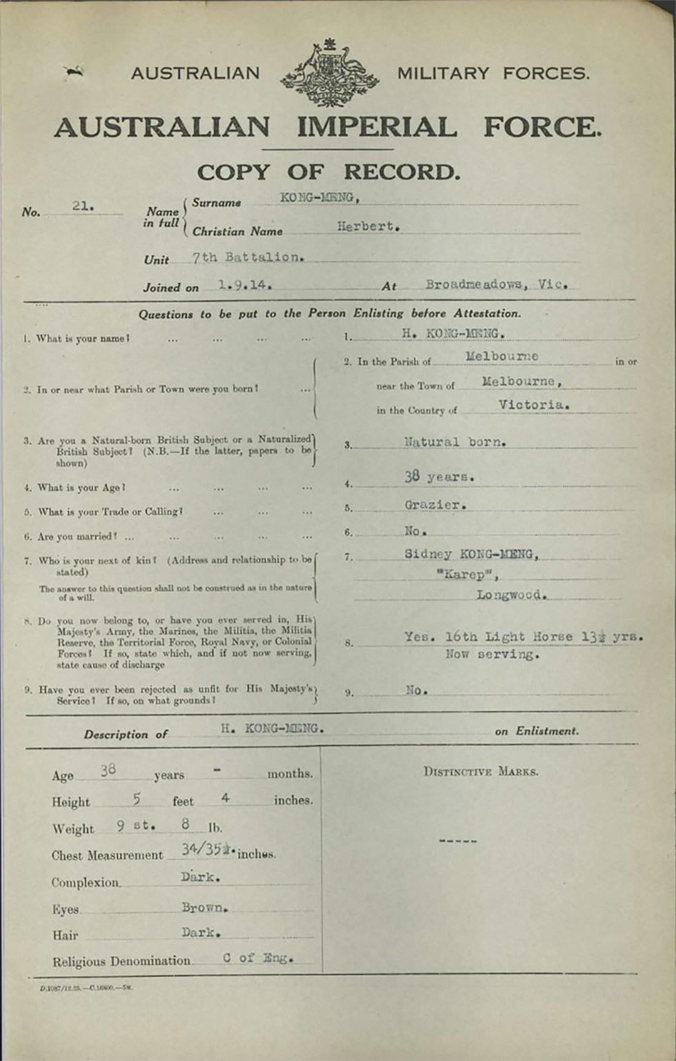 World War I attestation form of Chinese-Australian Herbert Kong-Meng.