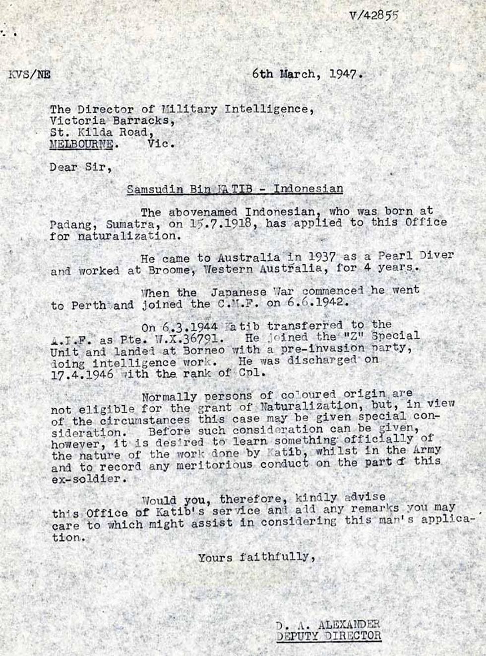 Letter to the Director of Military Intelligence, Victoria Barracks, regarding naturalisation of coloured persons.