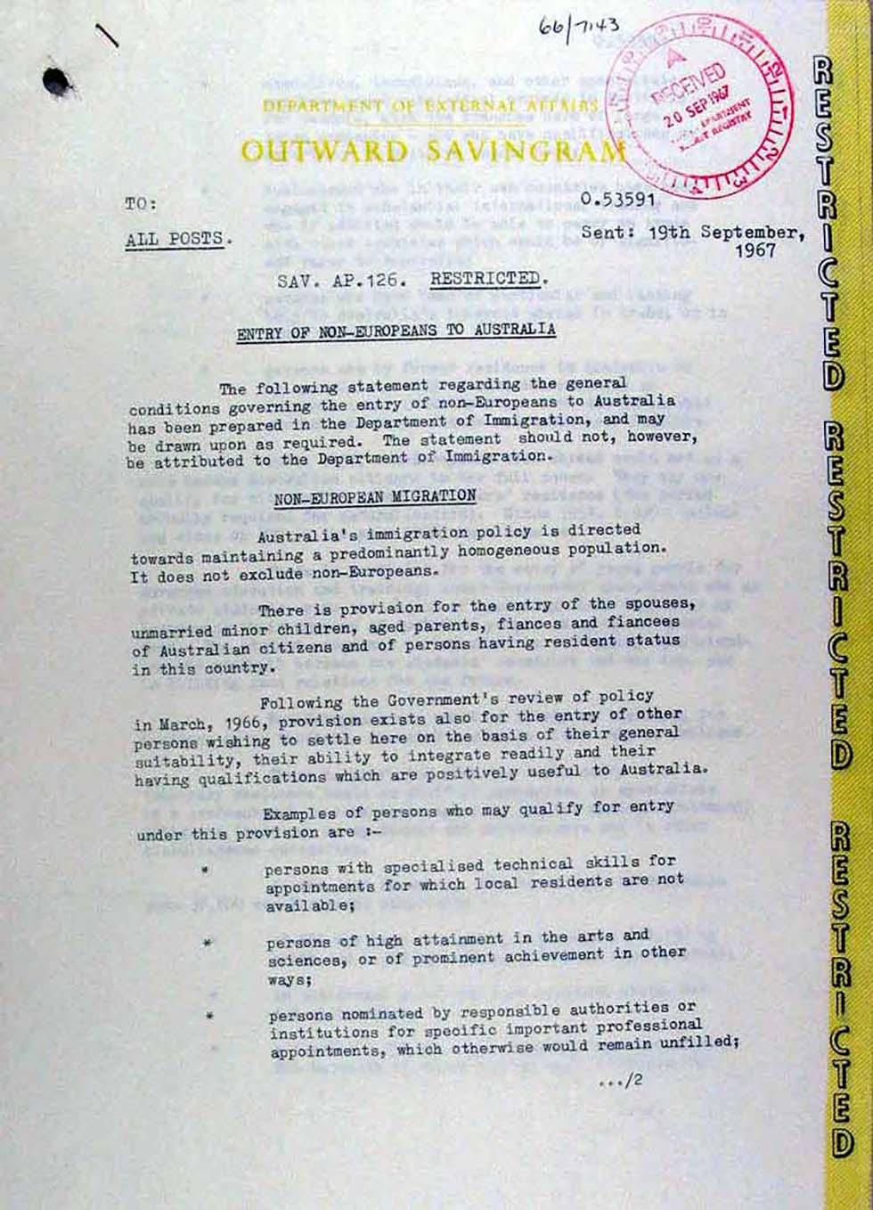 Conditions for entry of non-Europeans to Australia - restricted communication to all consular posts.