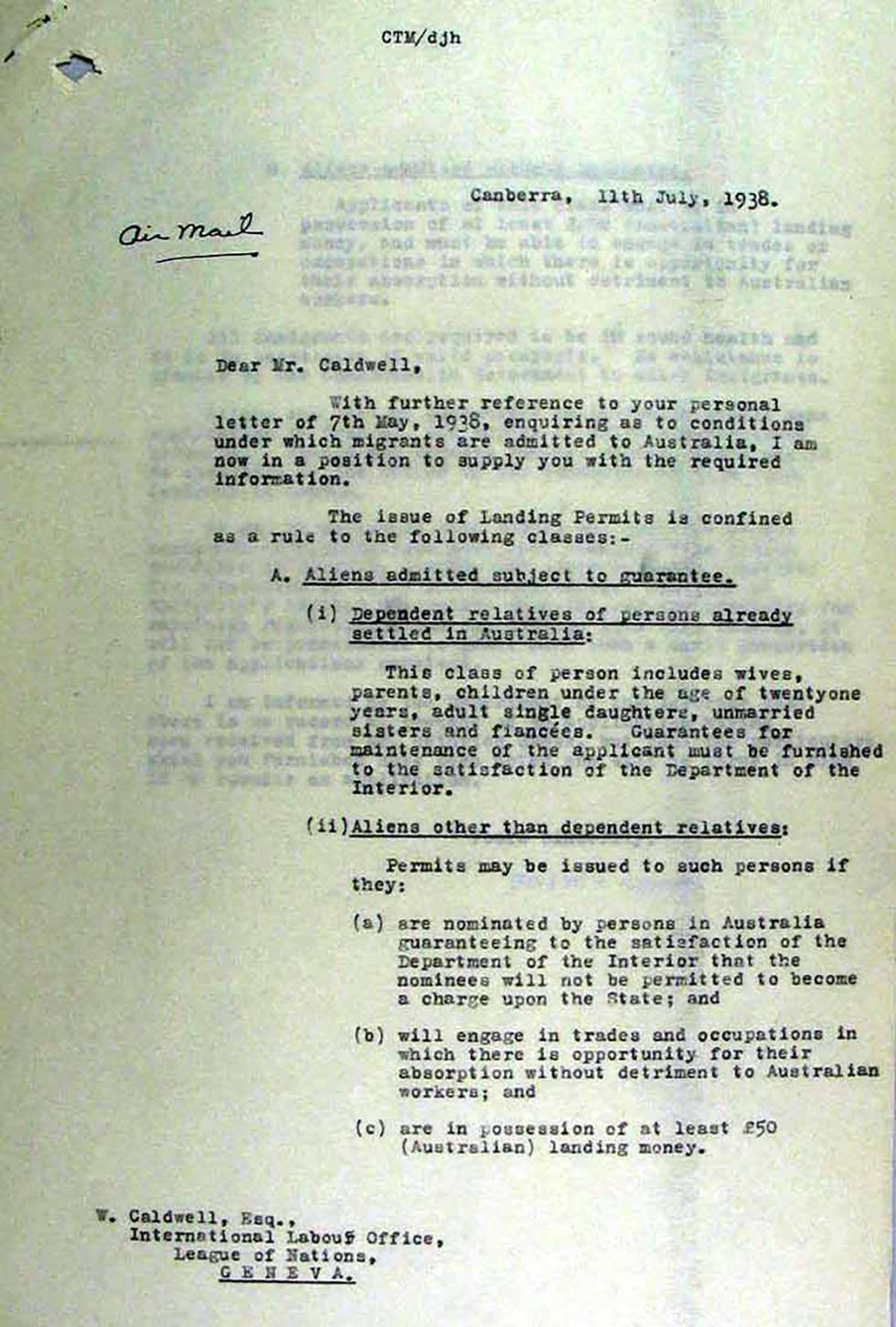 Conditions of entry into Australia - letter to the League of Nations.