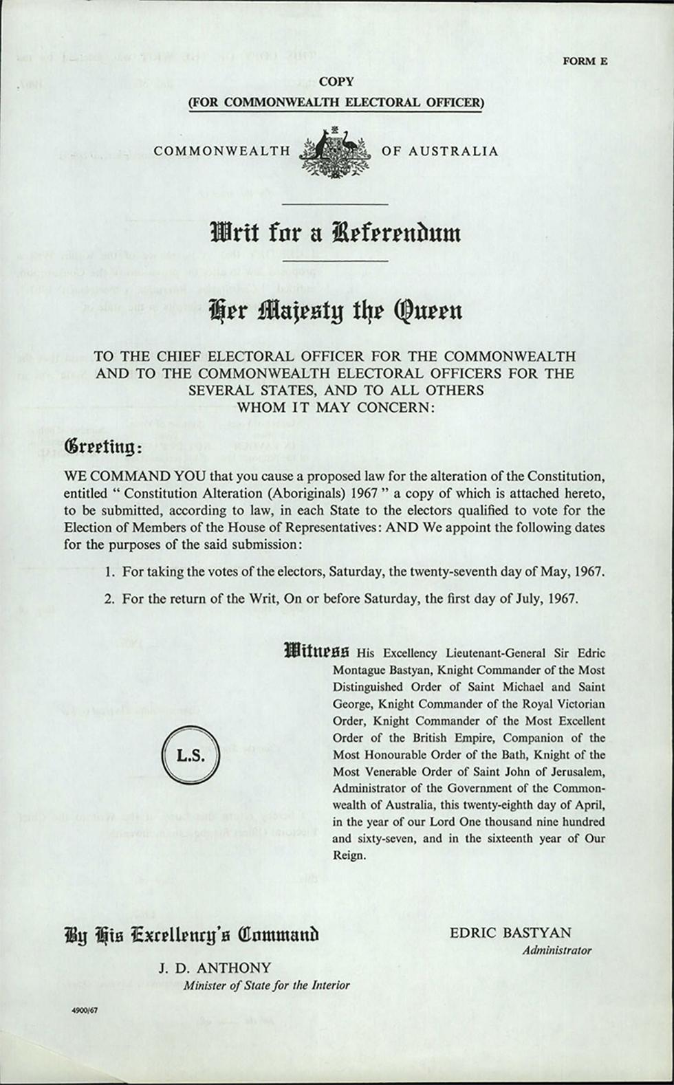 Referendum For 'Constitution Alteration (Aboriginals) 1967' - Writ ...