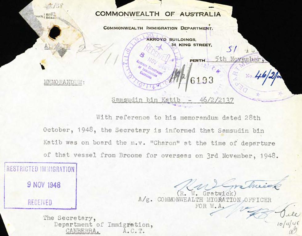 Memorandum confirming the departure from Australia of Samsudin bin Katib.