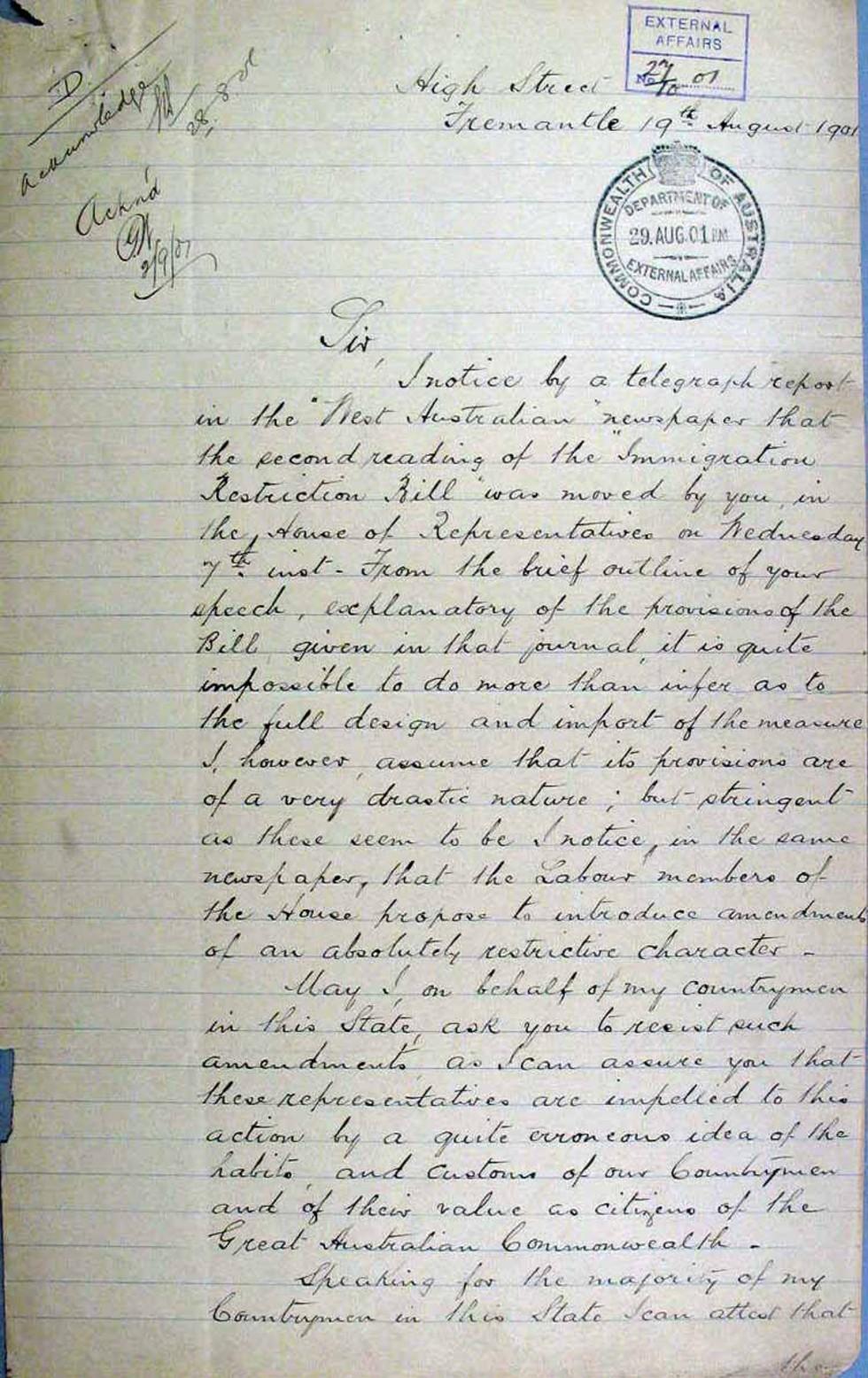 The dictation test and Immigration Restriction Act –  Letter from Paul Soong Quong to Edmund Barton.