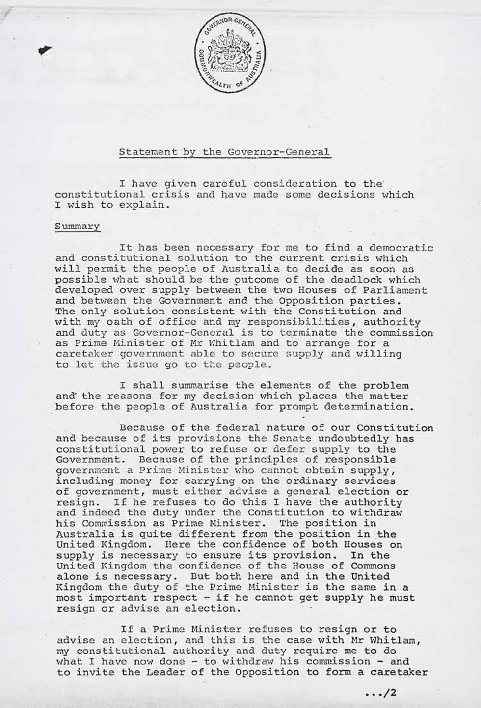 Governor-General Sir John Kerr's statement of events regarding the dismissal of the Whitlam government.