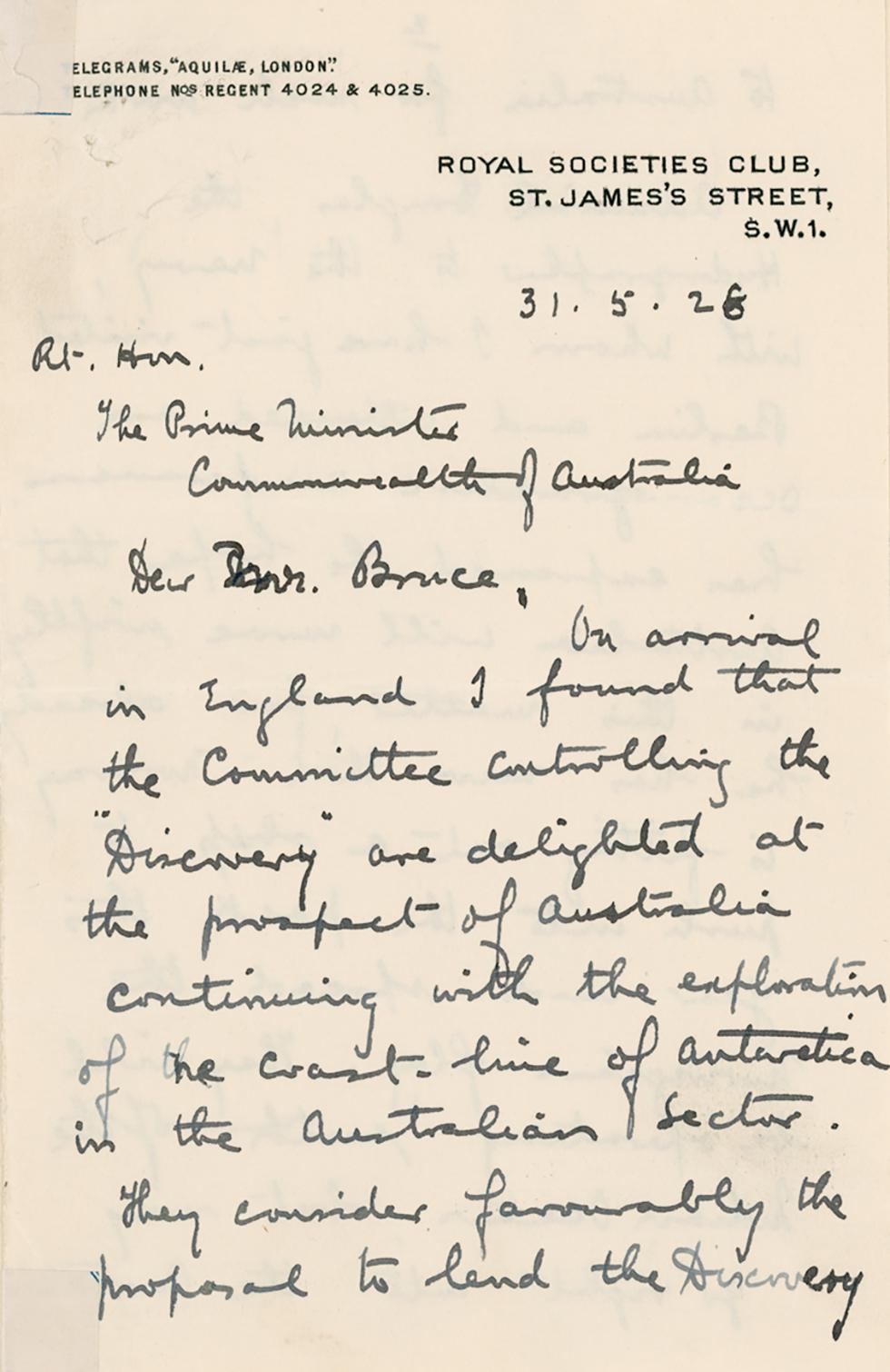 Letter from Douglas Mawson to Prime Minister Bruce revealing tension over American claims to Antarctic territory.