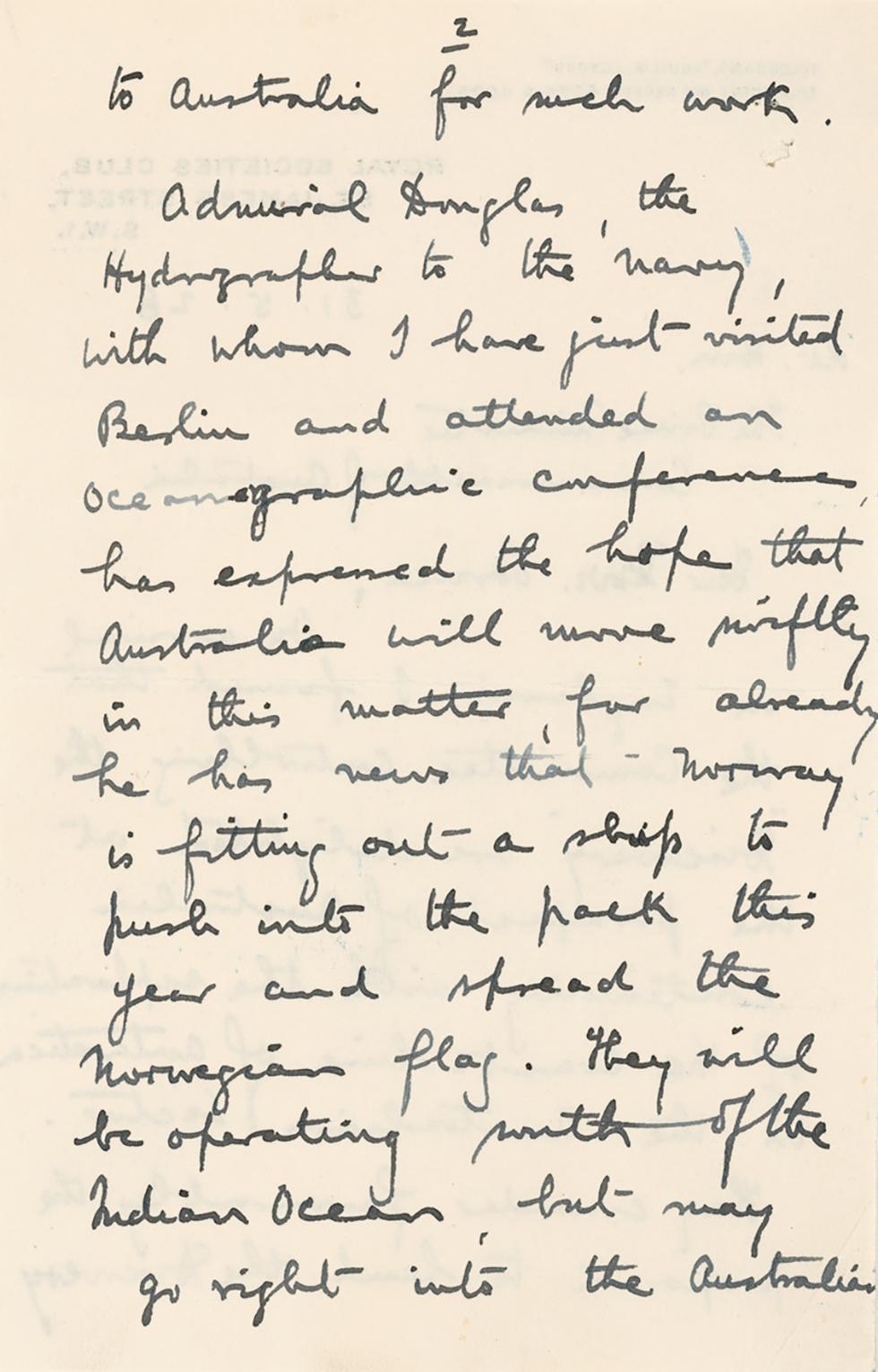 Letter from Douglas Mawson to Prime Minister Bruce revealing tension over American claims to Antarctic territory.