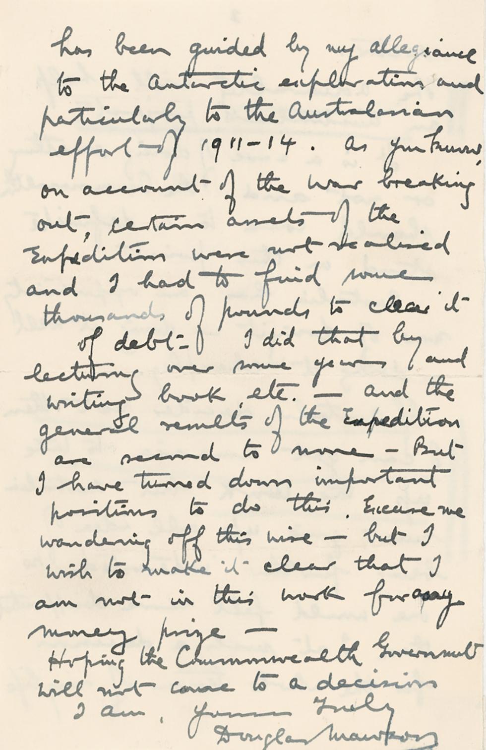 Letter from Douglas Mawson to Prime Minister Bruce revealing tension over American claims to Antarctic territory.