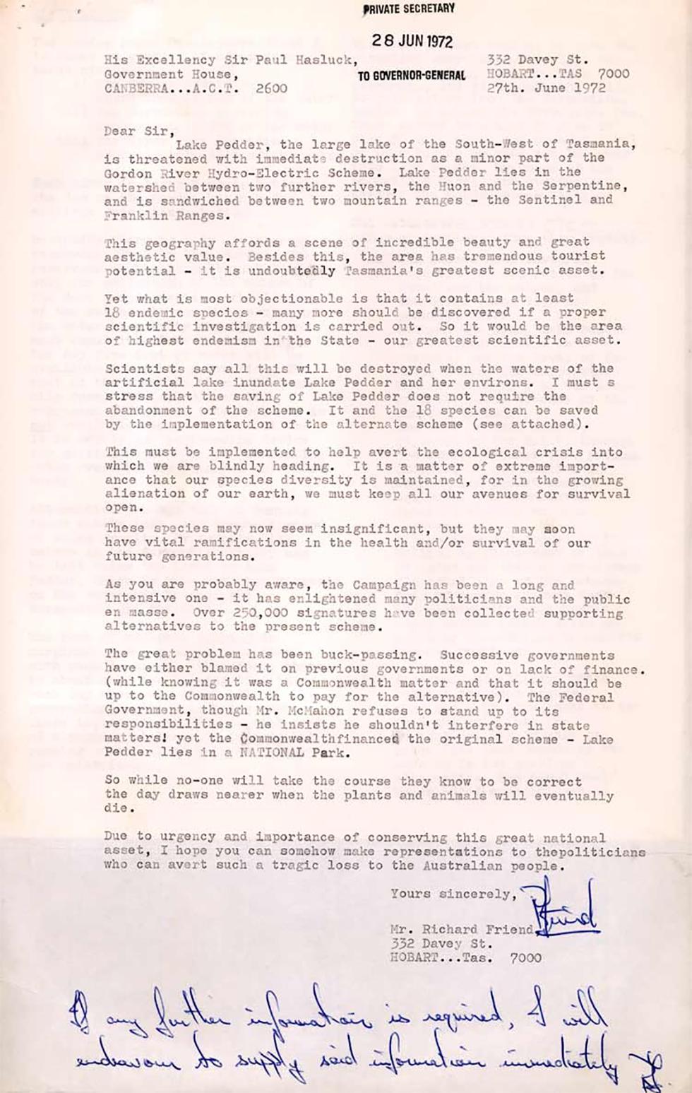 Letter to Sir Paul Hasluck, Governor-General, regarding an impending ecological crisis - page 1.