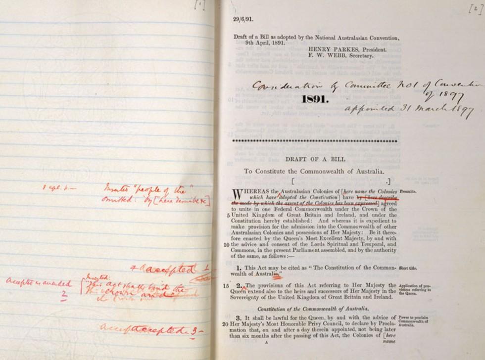 Edmund Barton's annotated copy of the 1891 draft of the Constitution.