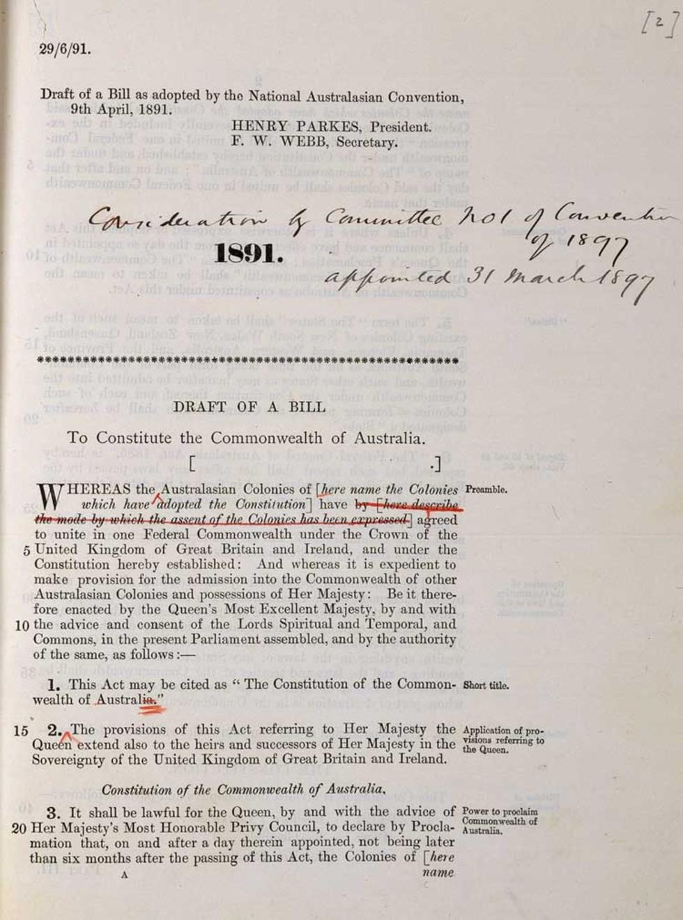 Edmund Barton's annotated copy of the 1891 draft of the Constitution.