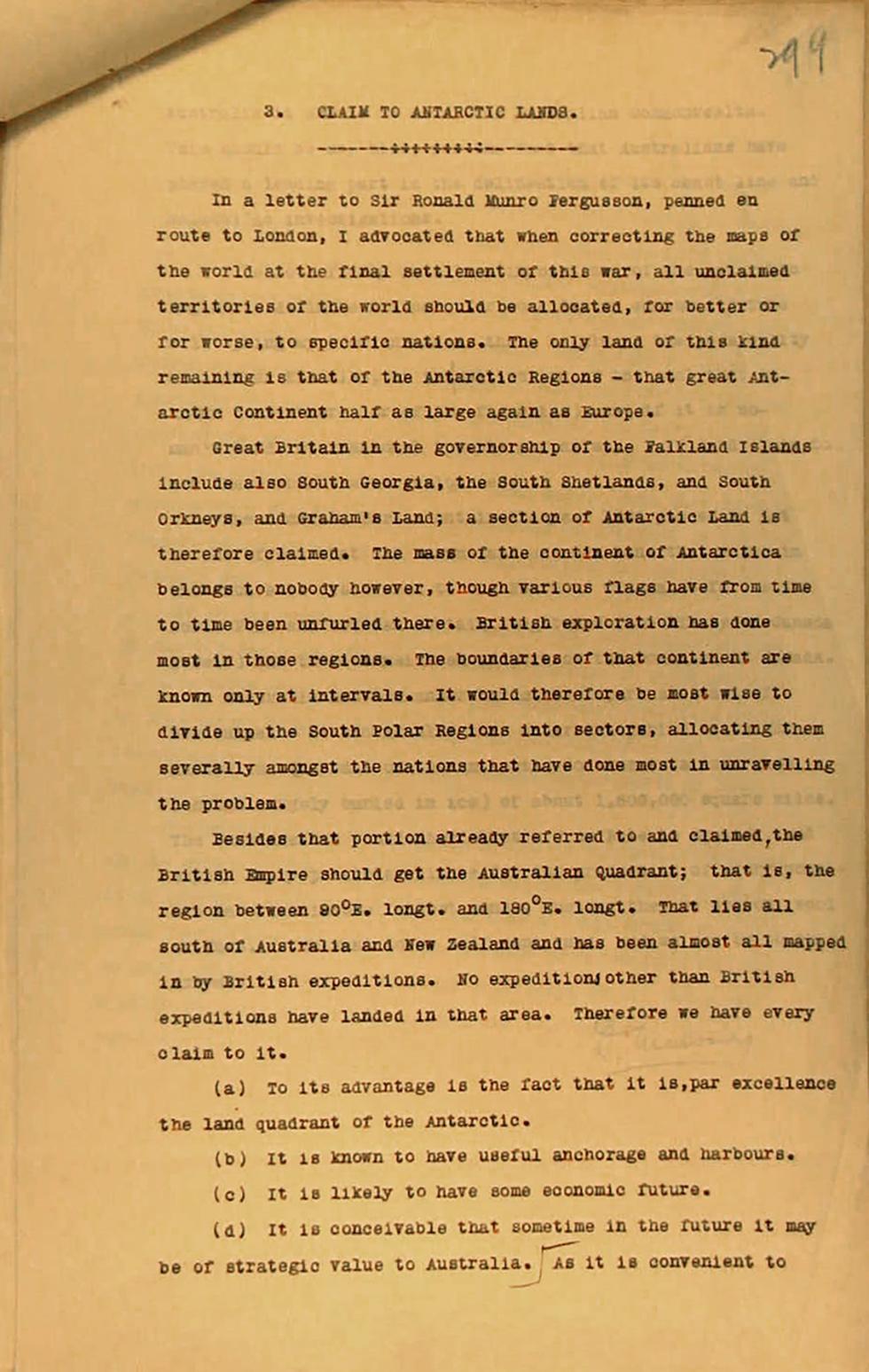 Extract of a letter from Douglas Mawson to Prime Minister Hughes.