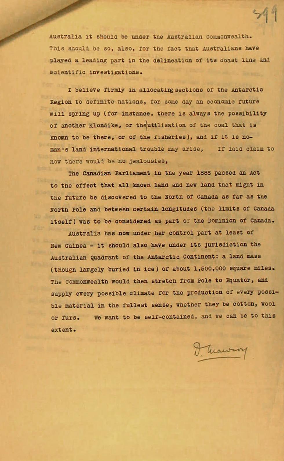 Extract of a letter from Douglas Mawson to Prime Minister Hughes.