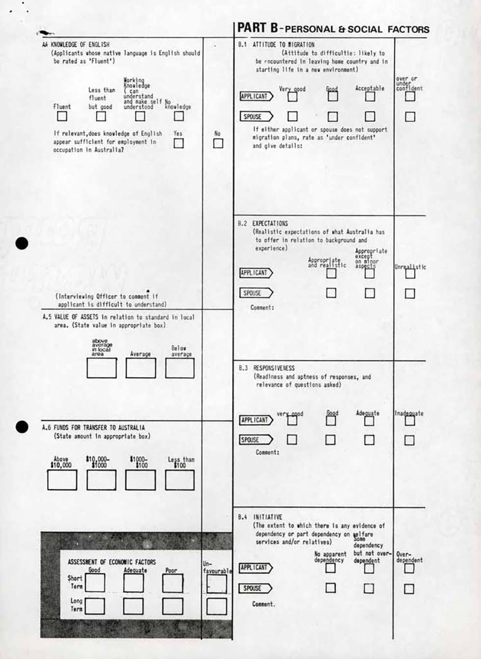 Form used during assessment of migration applicants – Department of Immigration.