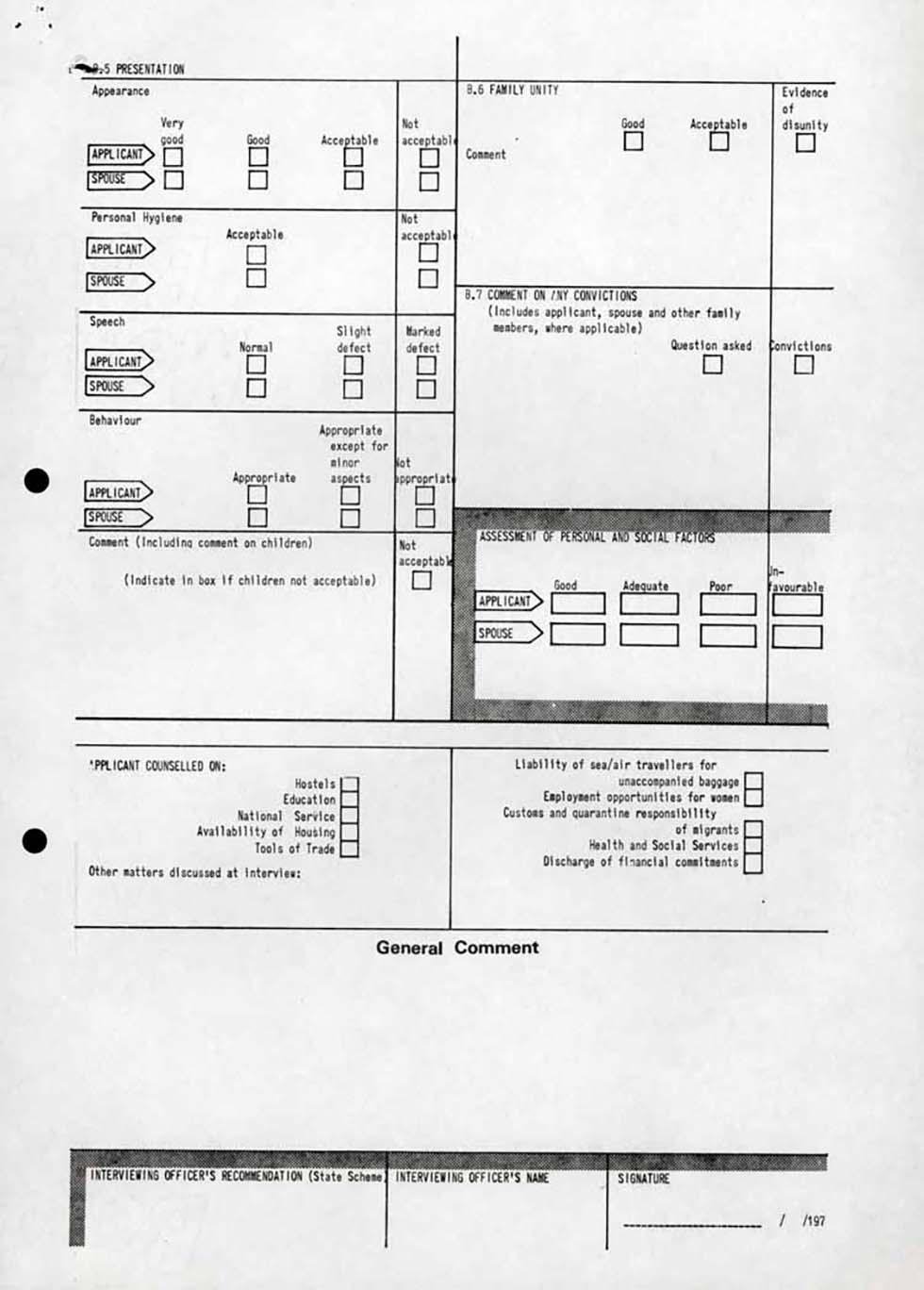 Form used during assessment of migration applicants – Department of Immigration.