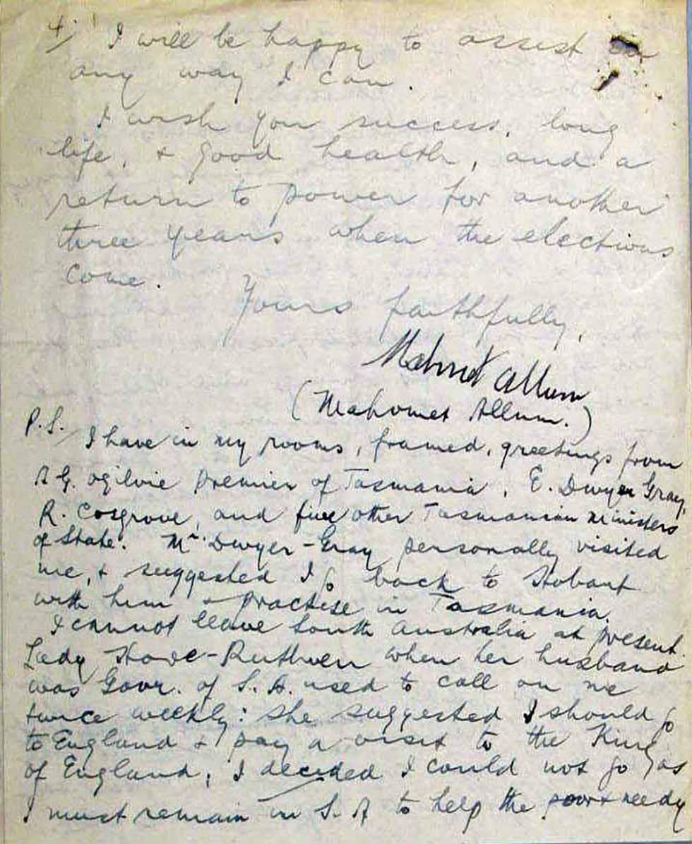 Free Medicine Scheme – letter of congratulations to Prime Minister Ben Chifley from Mahomet Allum.