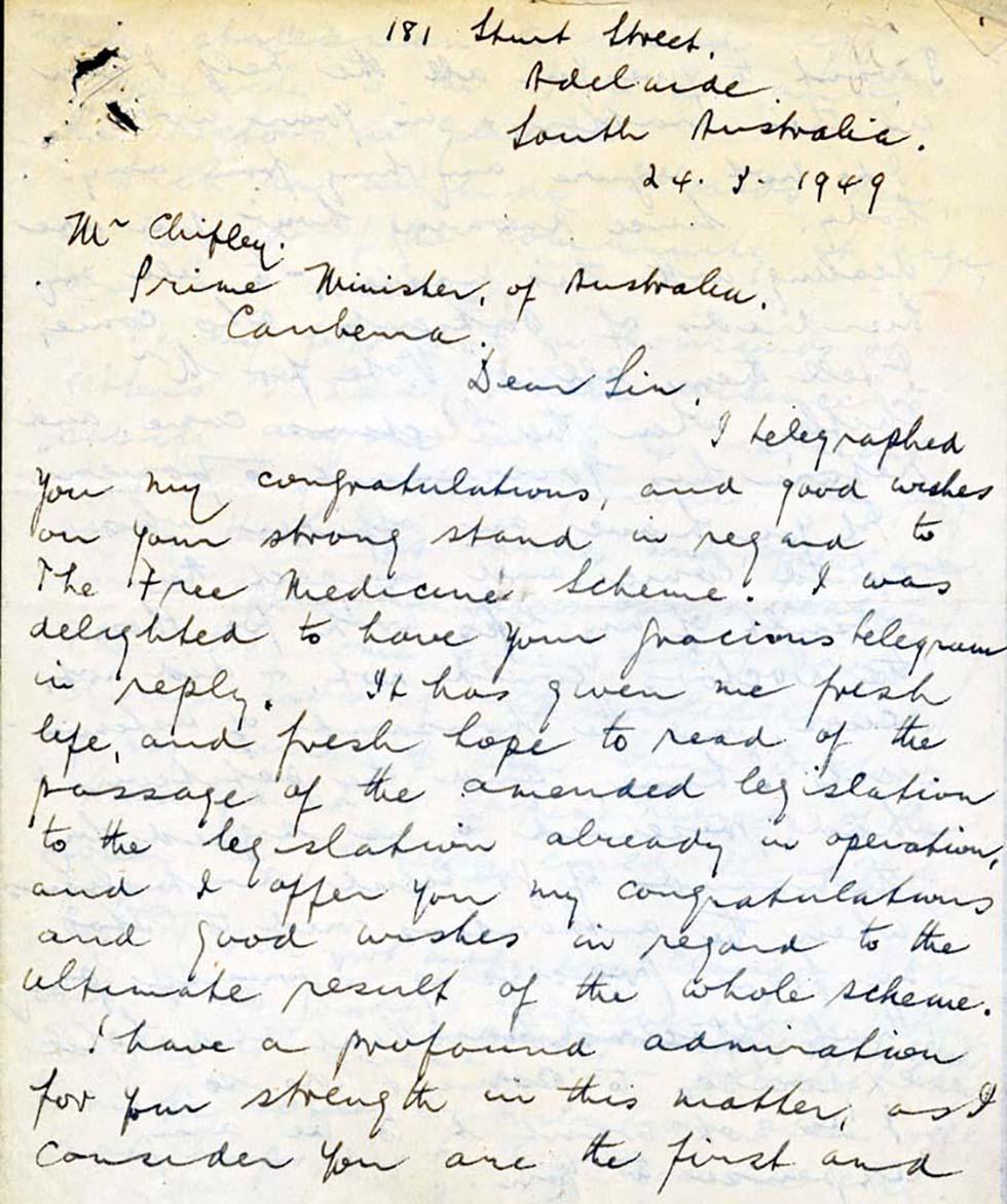 Free Medicine Scheme – letter of congratulations to Prime Minister Ben Chifley from Mahomet Allum.