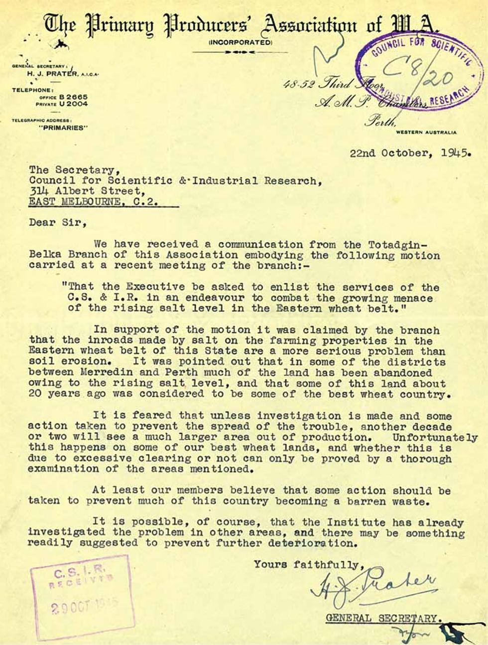 Letter to the Secretary of the Council for Scientific & Industrial Research regarding salt levels in the Eastern wheat belt.